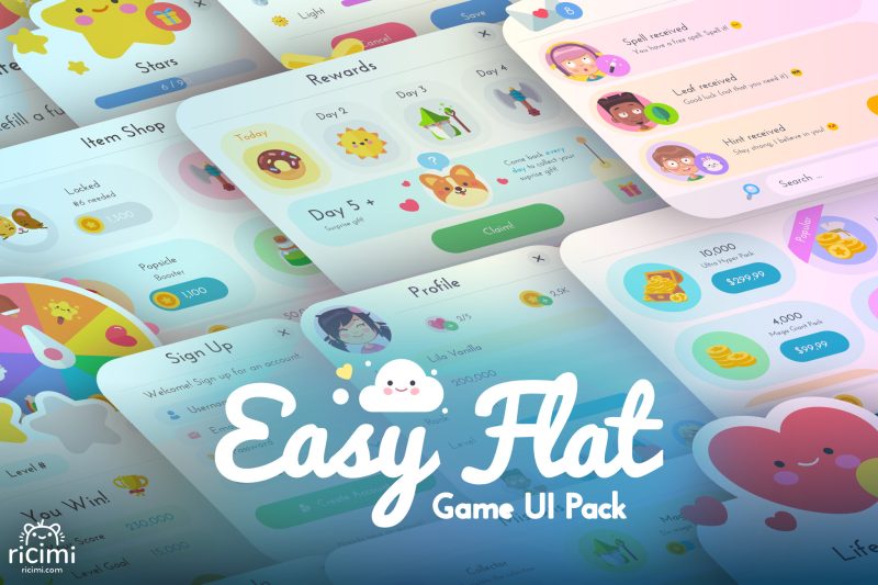 卡通简洁游戏UI界面 游戏用户界面包(Easy Flat GUI Pack 1.9)_盘古CG.com-盘古CG网