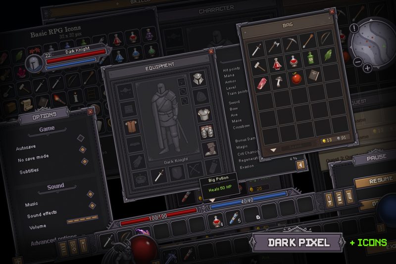 Dark Pixel UI v1.0 暗黑像素风格游戏界面图标_盘古CG.com-盘古CG网